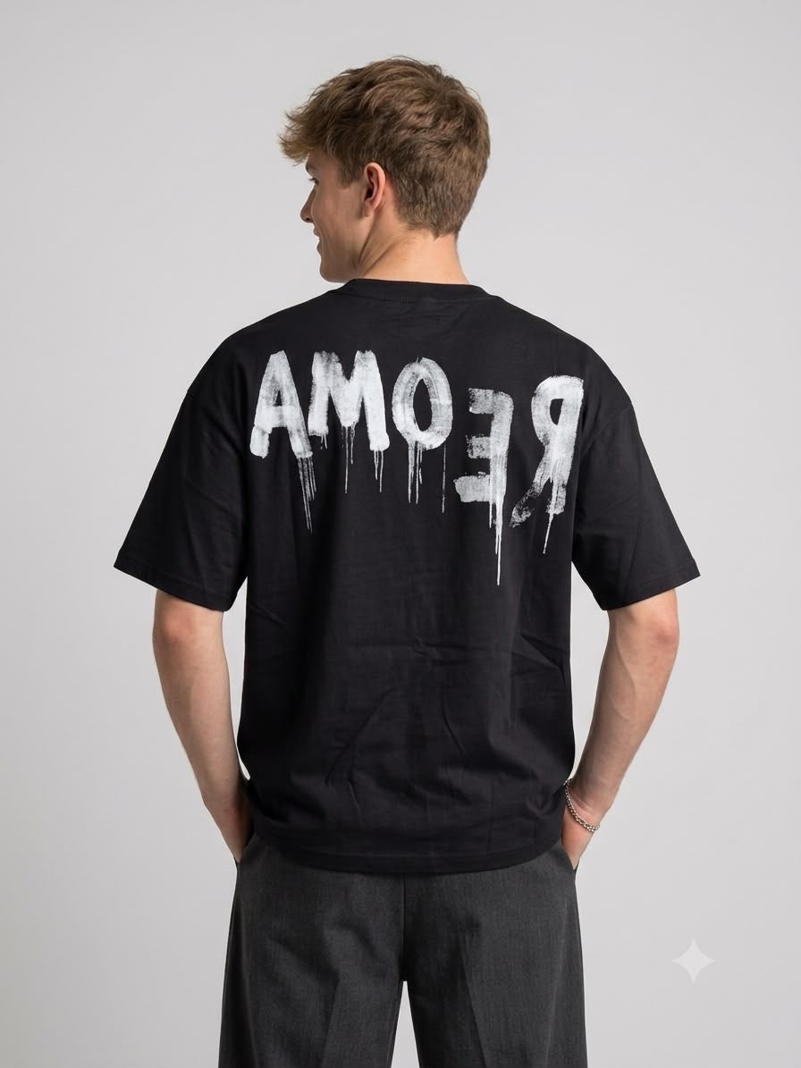 T-Shirt Uomo City Boxy Fit in 100% Cotone Nero lavato con Grafica Street Art