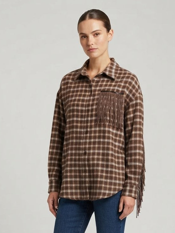 Camicia Donna San Diego Marrone a Quadri con Frange Stile Western