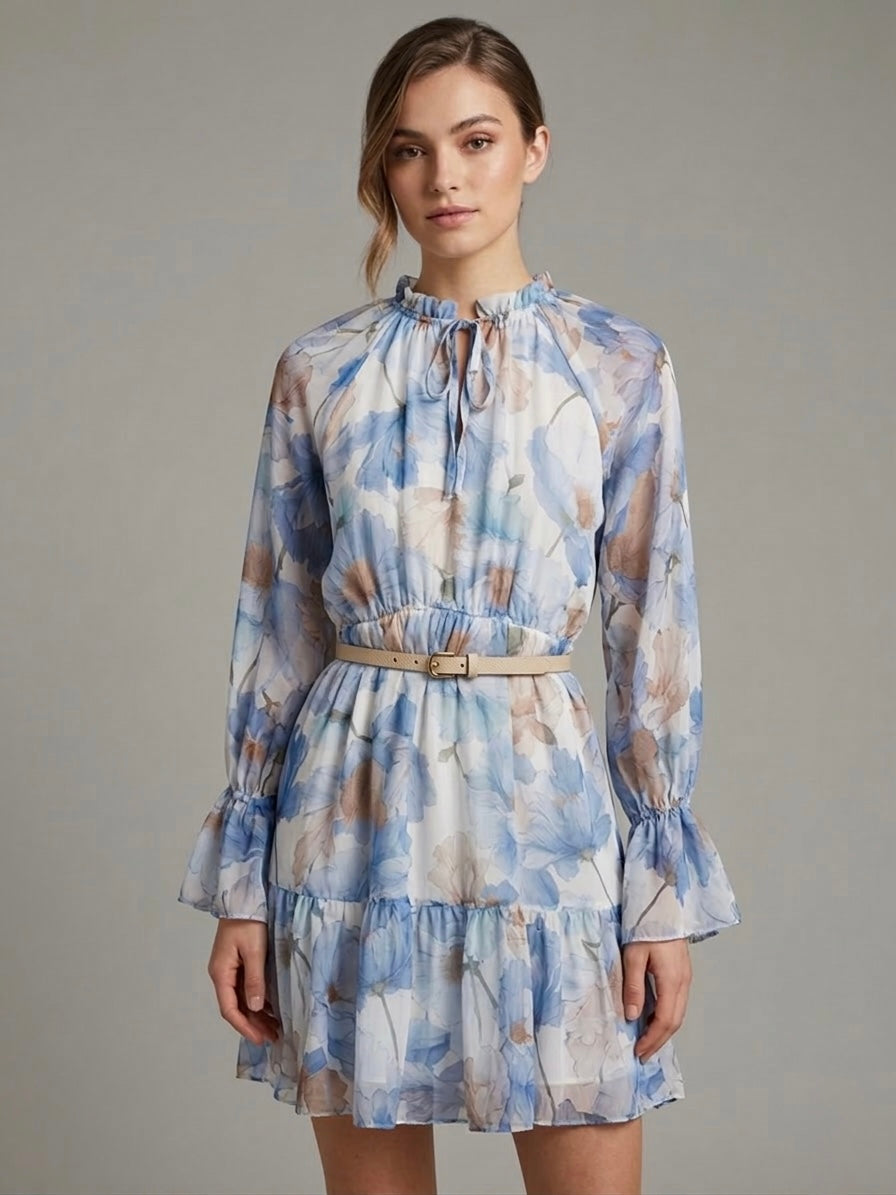 Abito Corto Floreale azzurro in Chiffon con Cinturina