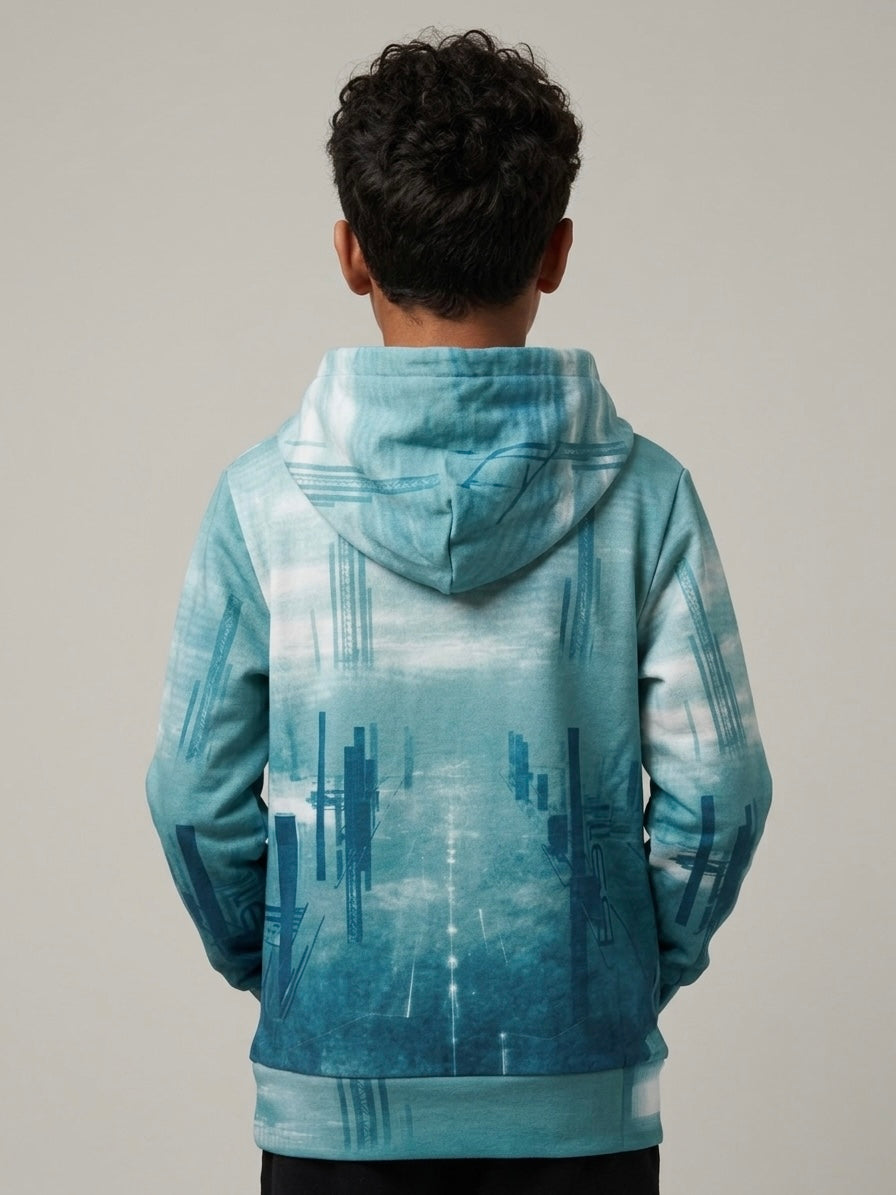 Felpa City con Cappuccio  Azzurro polvere con Stampa Grafica All-Over