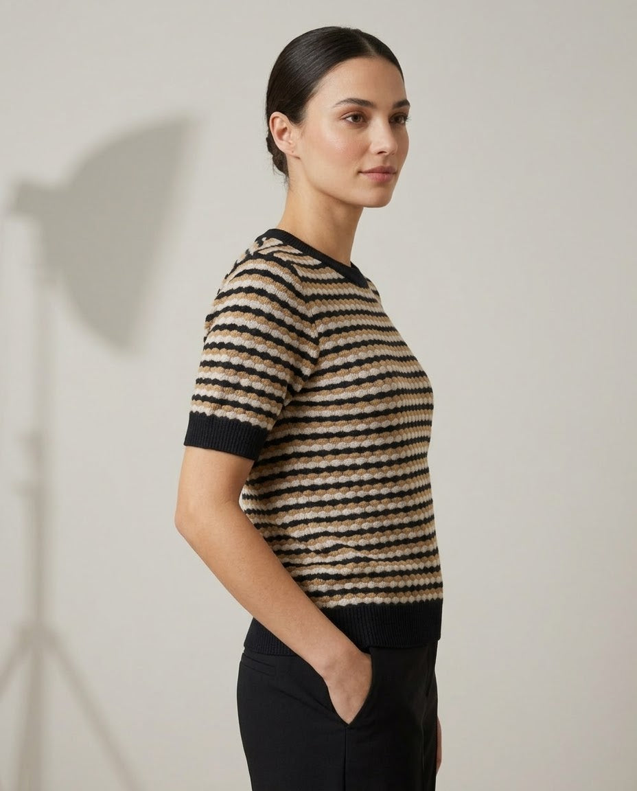 Maglia Mezza Manica A Righe Textured Nives nero panna cammello