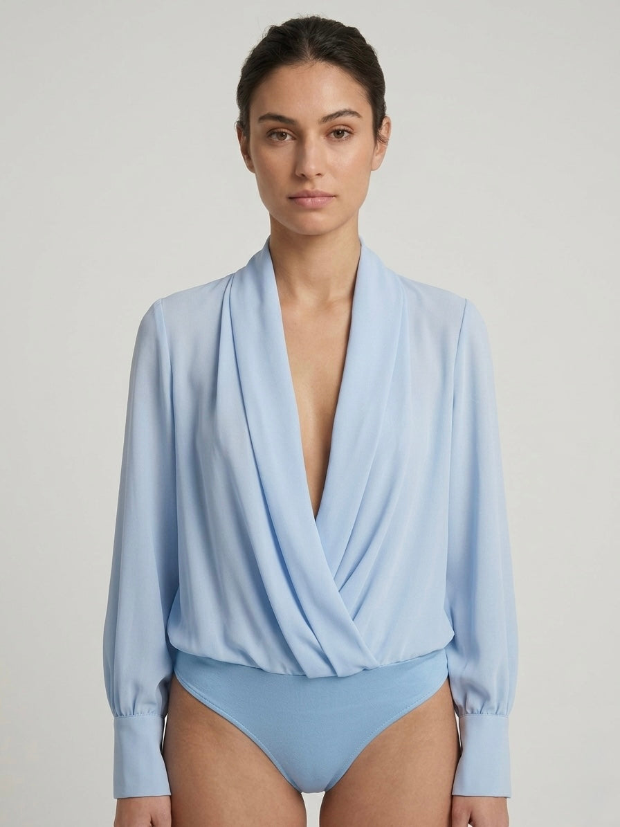 Blusa Body in Chiffon con Scollo a Incrocio Azzurro