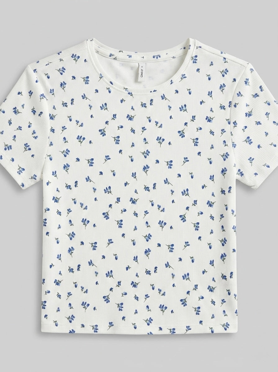 T-shirt Fenja a Costine Fiori Azzurro