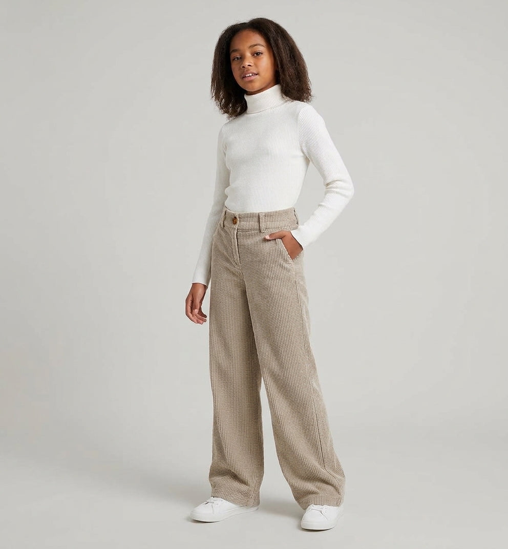 Pantaloni Marlene in Velluto a Coste Beige a Gamba Larga
