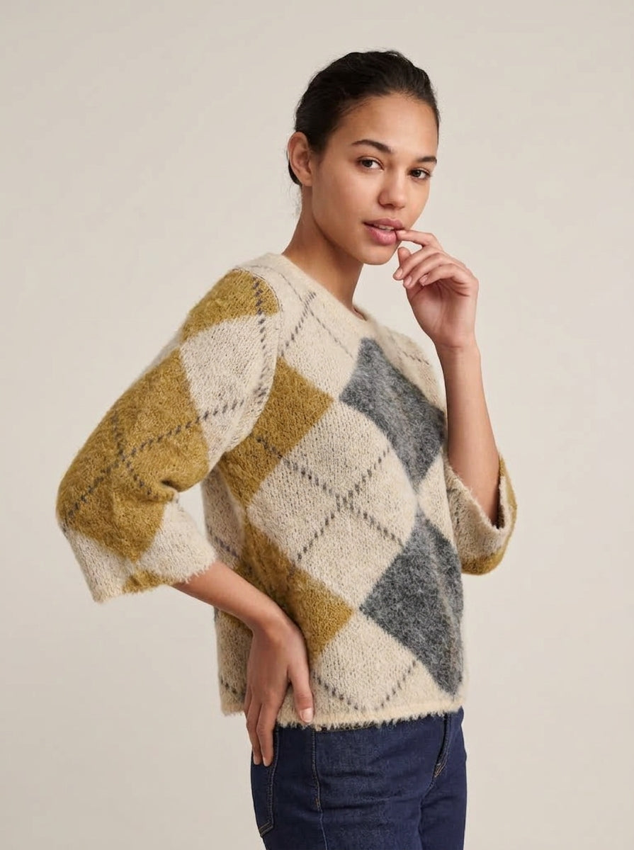 Maglione Only Noeme a Rombi a Manica Corta Panna, Antracite e Senape