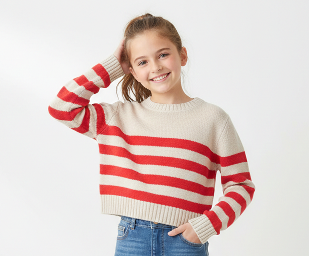 Maglione Cropped a Righe Ecru e Rosso