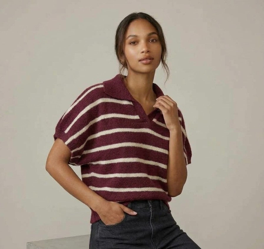 Maglia Polo Manica Corta Ingrid Misto Alpaca a Righe Bordeaux