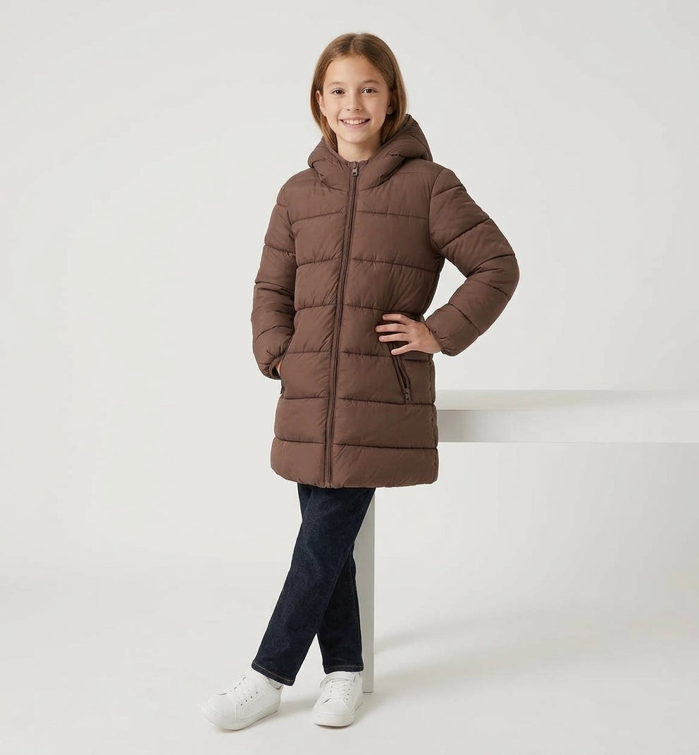 Giubbotto Piumino Rachele Imbottito con Cappuccio e Fodera Fleece Marrone