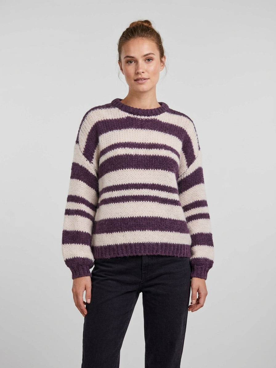 Maglione Girocollo Only Nordic a Righe Viola Prugna e Panna