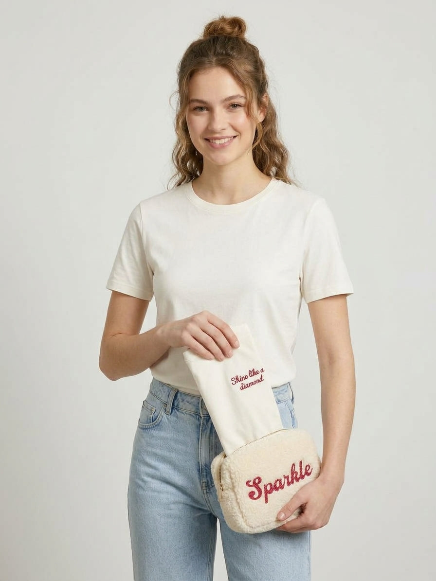 T-Shirt Holiday Panna con Scritta Shine like a diamond e Beauty Teddy Sparkle