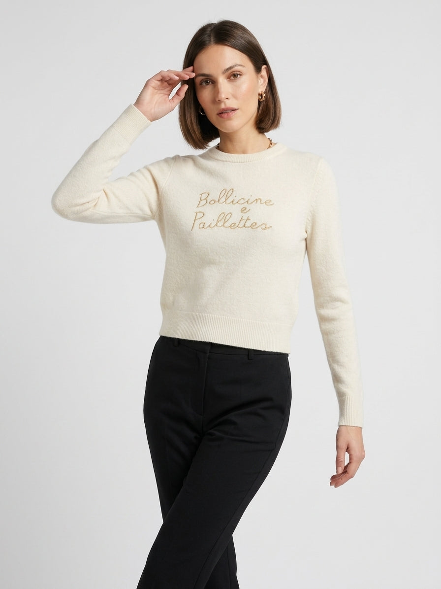 Maglione Snowbear Con Ricamo Bollicine e Paillettes Panna