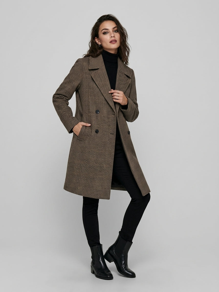 Cappotto Lungo Tenna Doppio Petto a Quadri Marrone