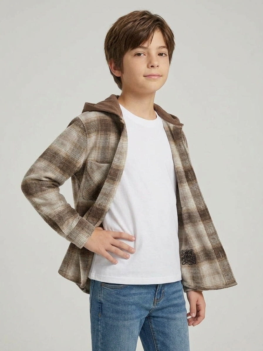 Camicia Phoenix in Flanella a Quadri con Cappuccio Staccabile Marrone e Beige