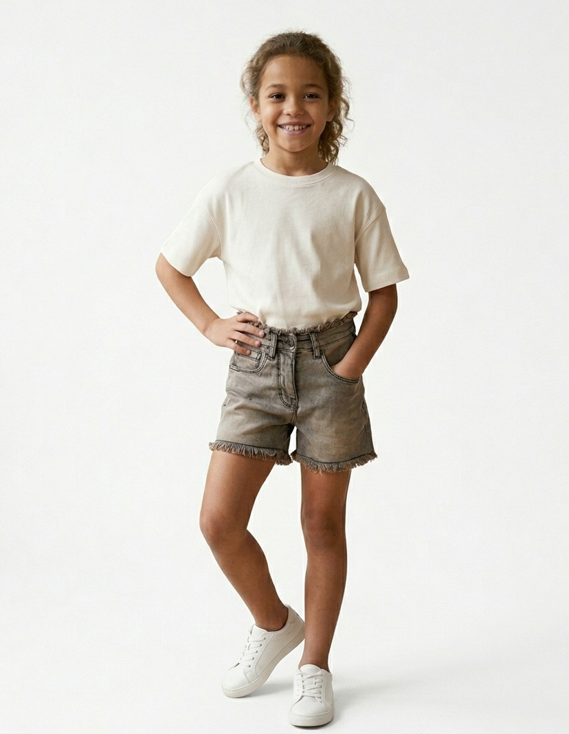 Short in Denim con Orlo a Frange