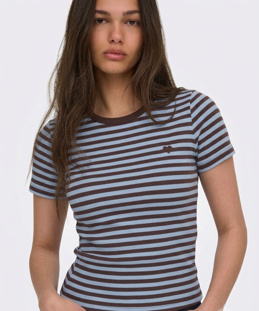 T-shirt Val a Righe Azzurro e Marrone Con Cuore