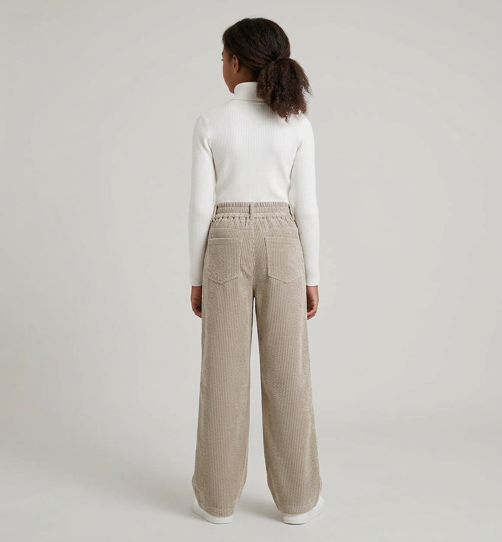 Pantaloni Marlene in Velluto a Coste Beige a Gamba Larga