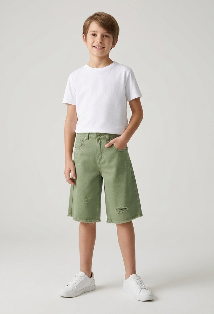 Shorts in Denim con Dettagli Distressed Verde Oliva