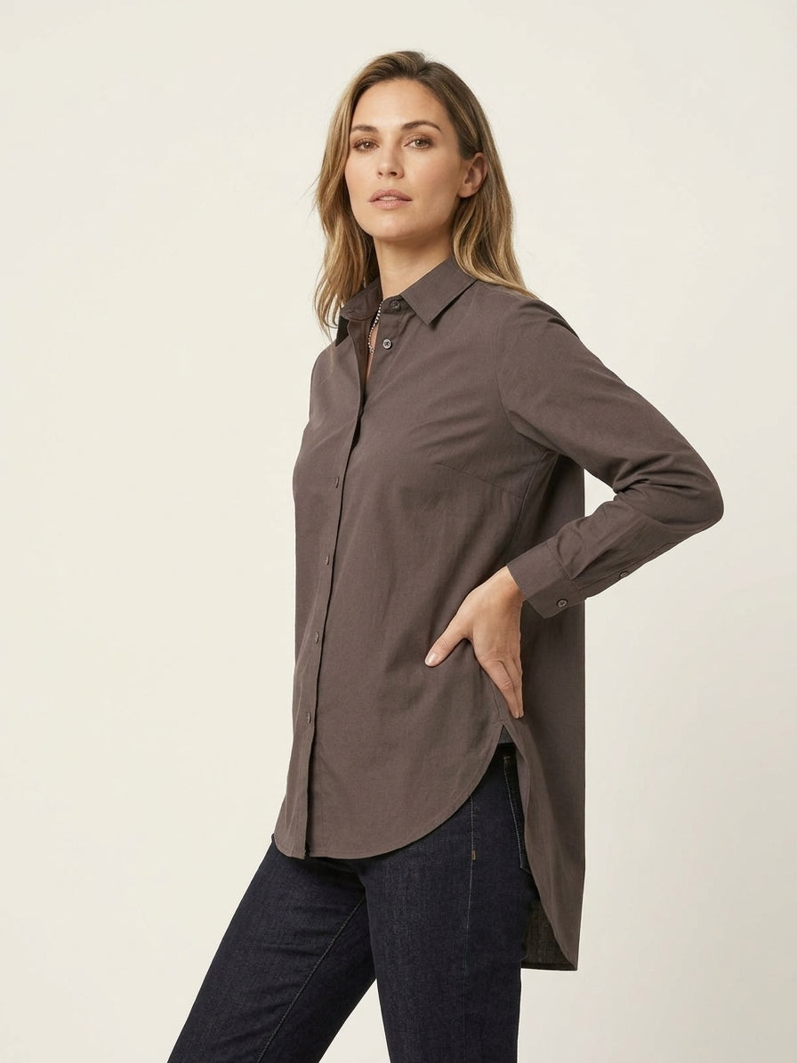 Camicia Longline Over Elisa in Cotone Stretch Fango
