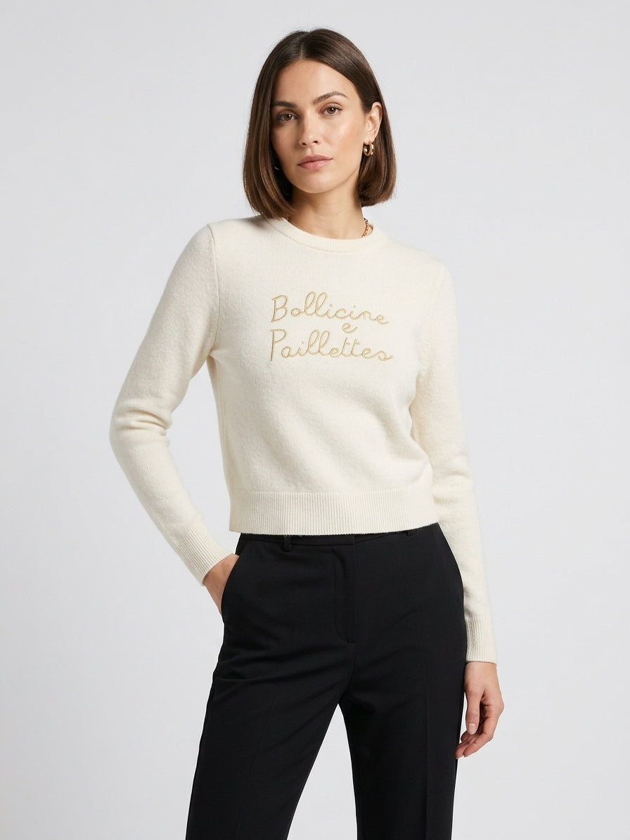 Maglione Snowbear Con Ricamo Bollicine e Paillettes Panna