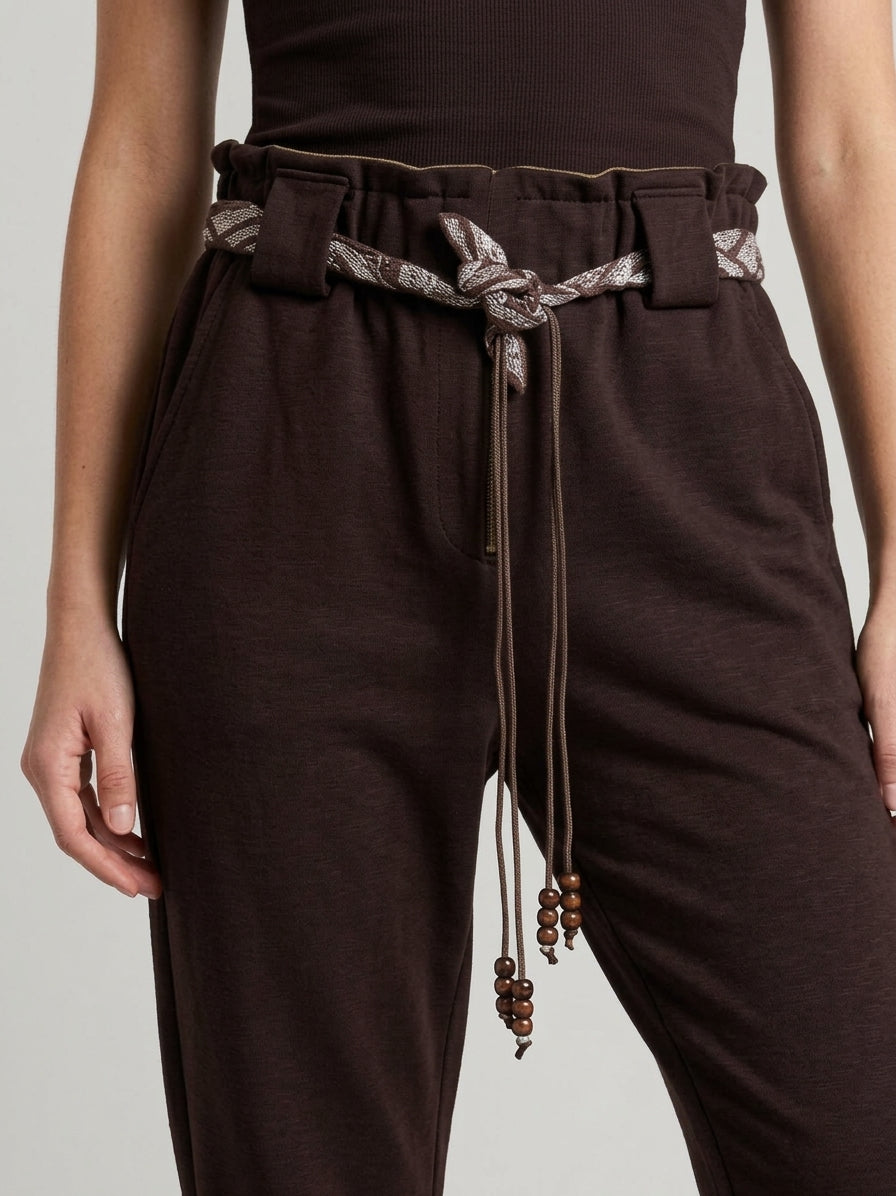 Pantaloni Cioccolato Donna in Cotone Garzato Elasticizzato con Cinturino a Cordoncino