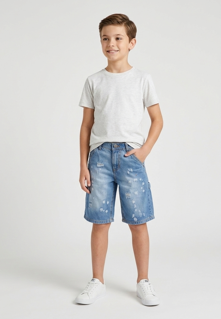 Bermuda Denim con Effetto Distressed Lavaggio Chiaro