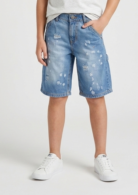 Bermuda Denim con Effetto Distressed Lavaggio Chiaro