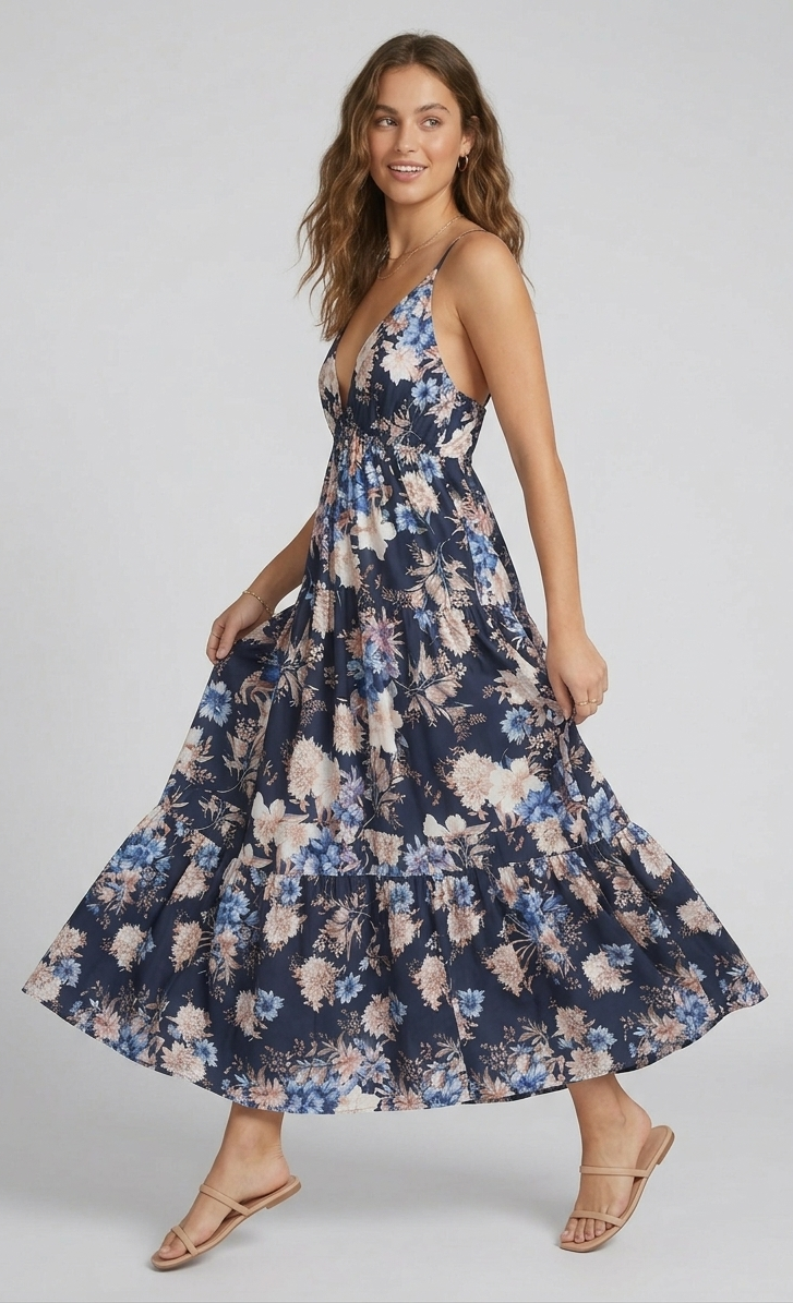Abito Selene Lungo a Fiori Blu
