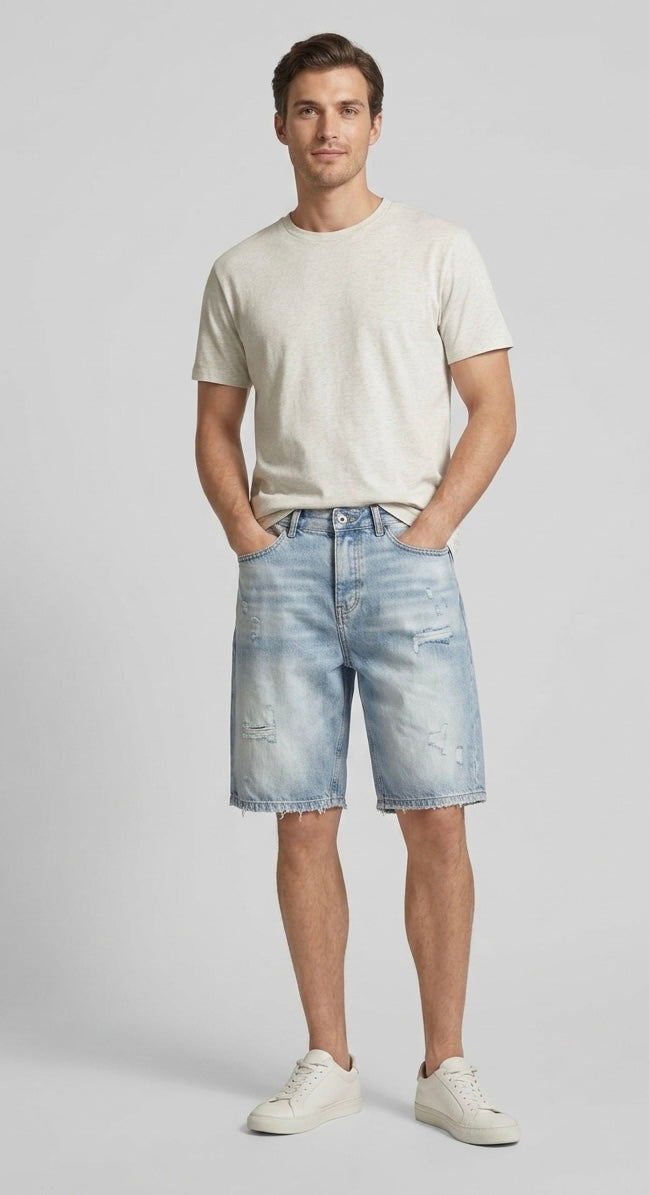 Short Monopoli in Denim Lavaggio Chiaro Ripped