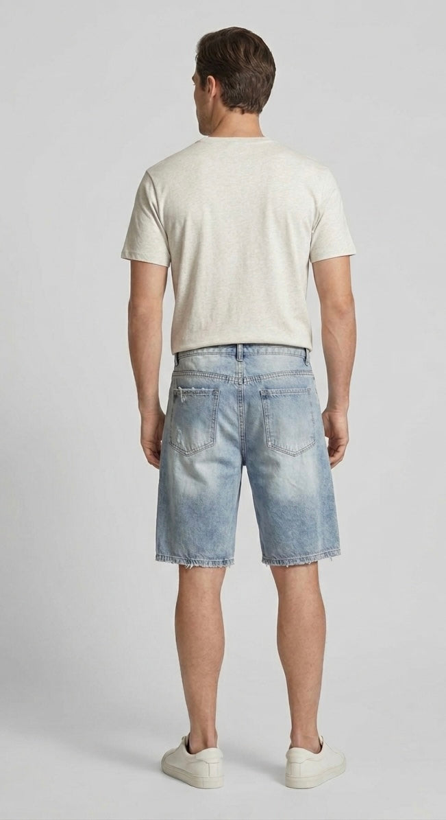 Short Monopoli in Denim Lavaggio Chiaro Ripped