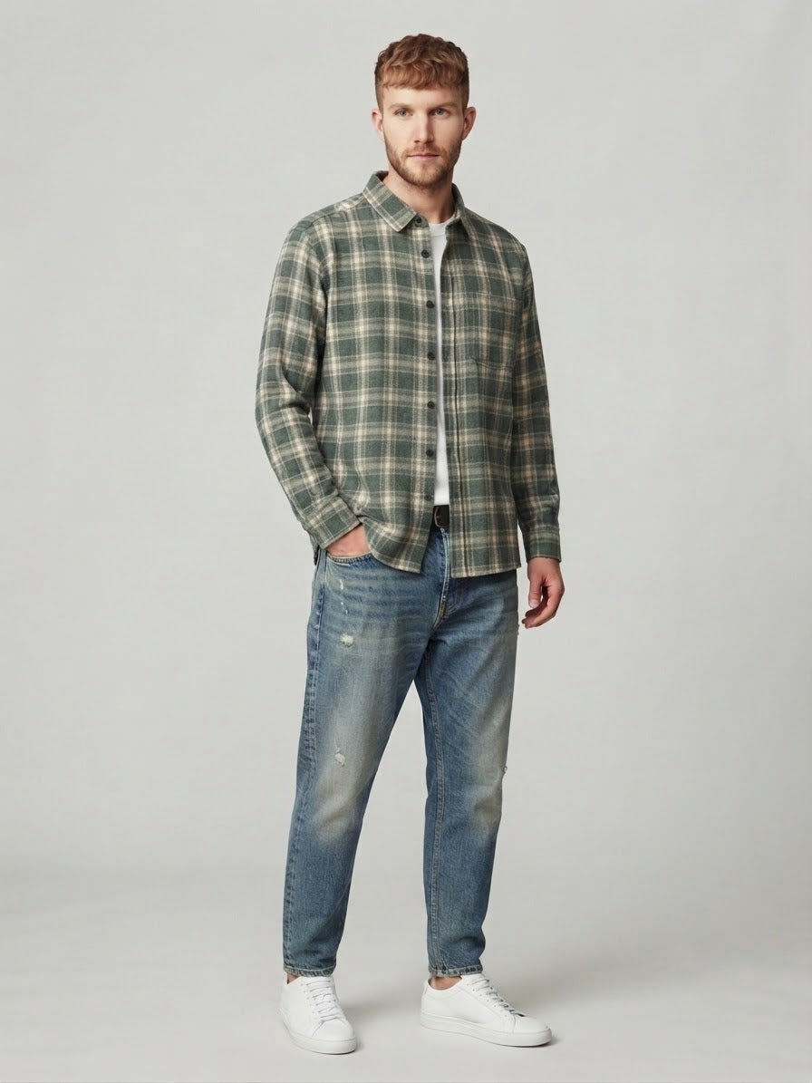 Camicia Elio In Flanella a Quadri Verde e Sabbia