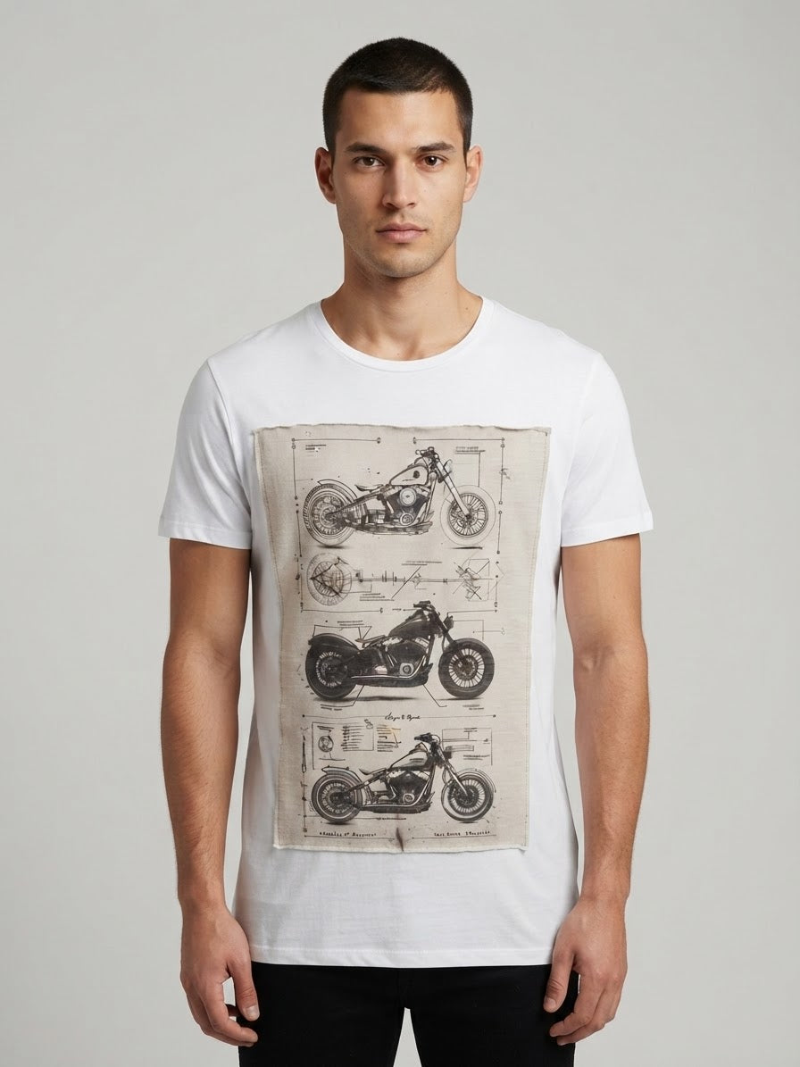 T-Shirt Patch Moto Stampa Vintage Bianca