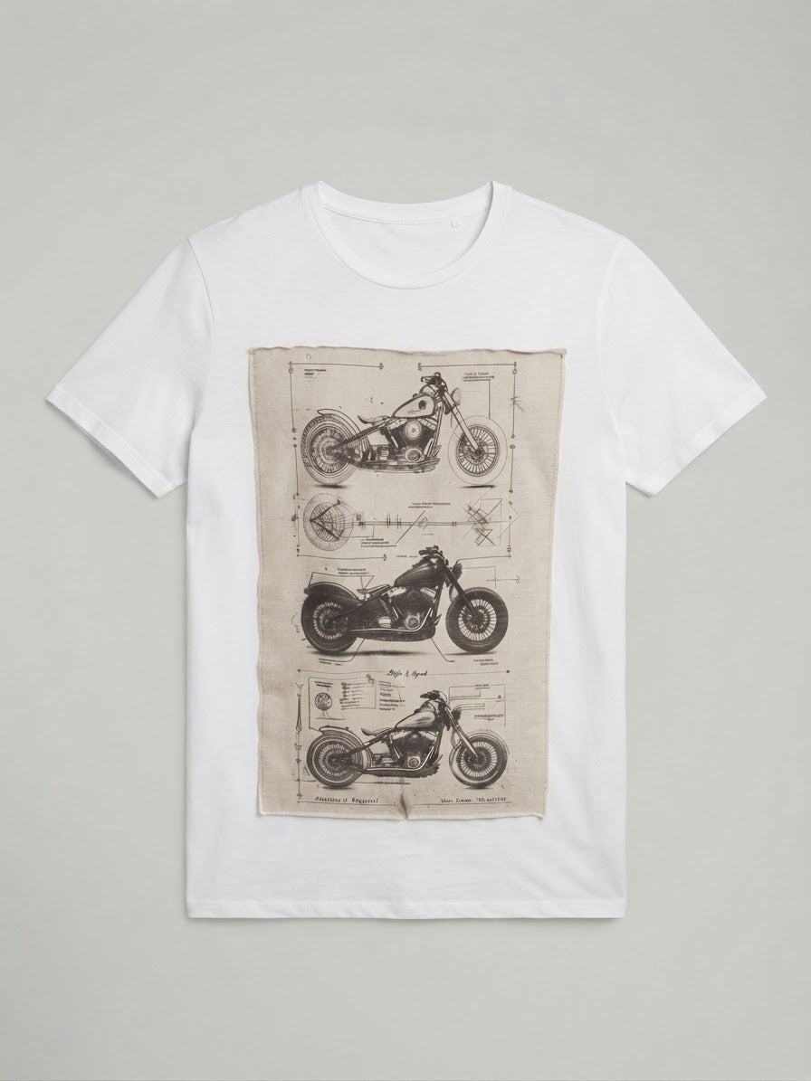 T-Shirt Patch Moto Stampa Vintage Bianca