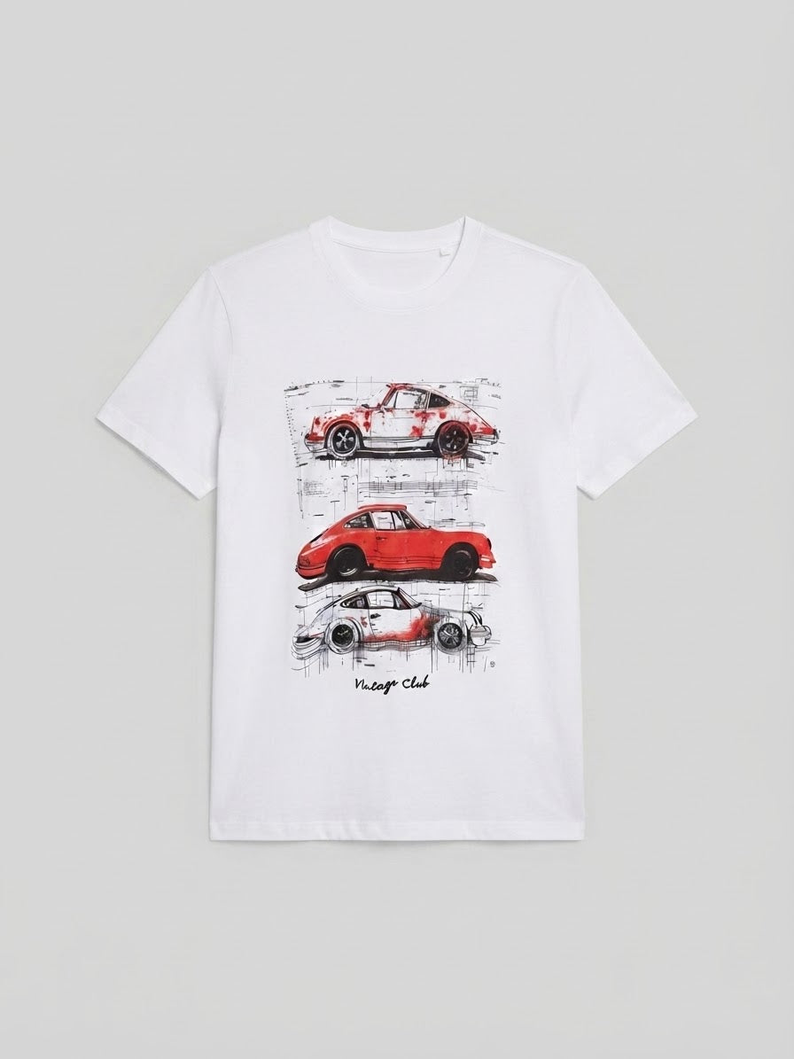 T-Shirt Uomo Bianca con Stampa Auto Vintage
