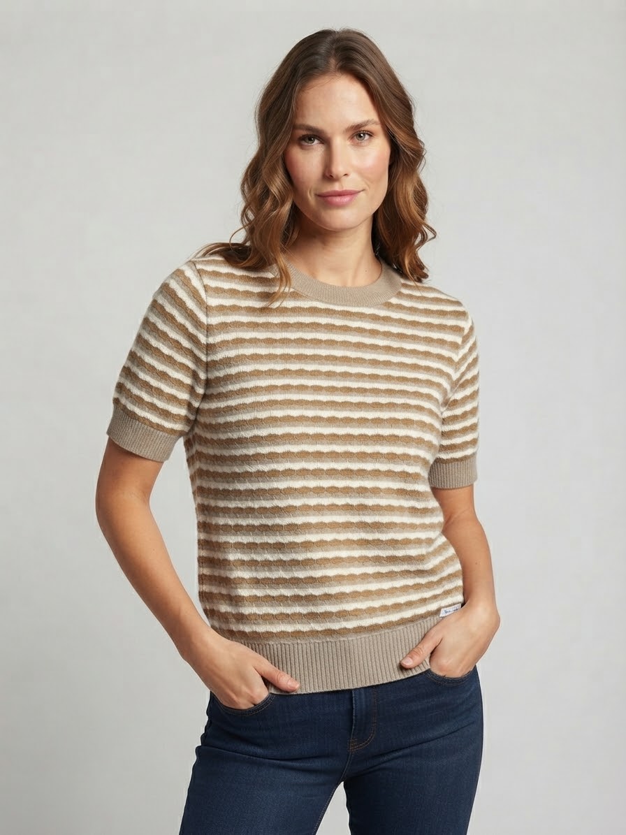 Maglia Mezza Manica A Righe Textured Nives Nocciola e Panna