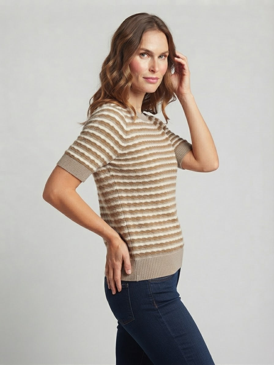 Maglia Mezza Manica A Righe Textured Nives Nocciola e Panna
