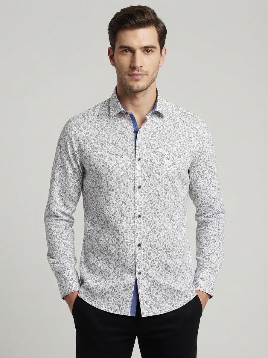 Camicia Ronaldo Stretch con Stampa Foglie Bianco e Nero