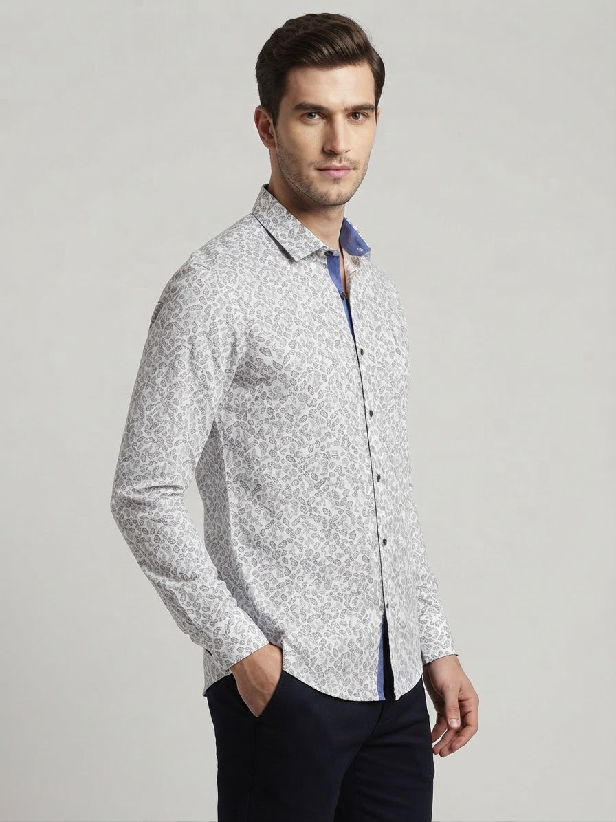 Camicia Ronaldo Stretch con Stampa Foglie Bianco e Nero