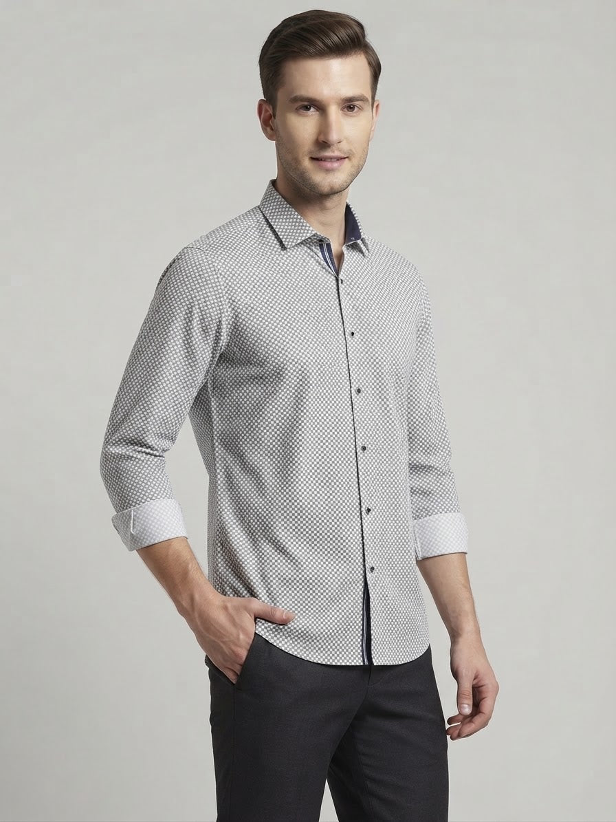 Camicia Stretch a Micro Fantasia Geometrica Elliot Bianco e Blu Scuro