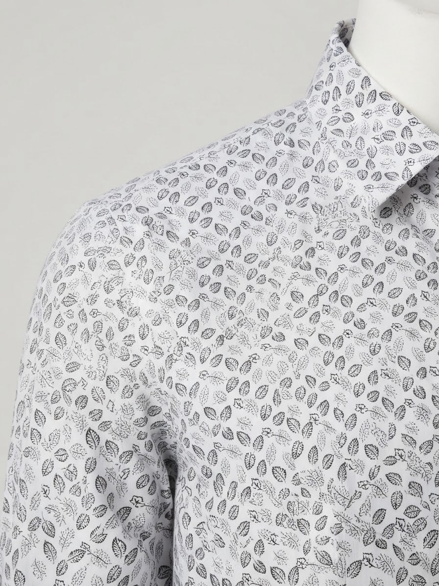 Camicia Ronaldo Stretch con Stampa Foglie Bianco e Nero