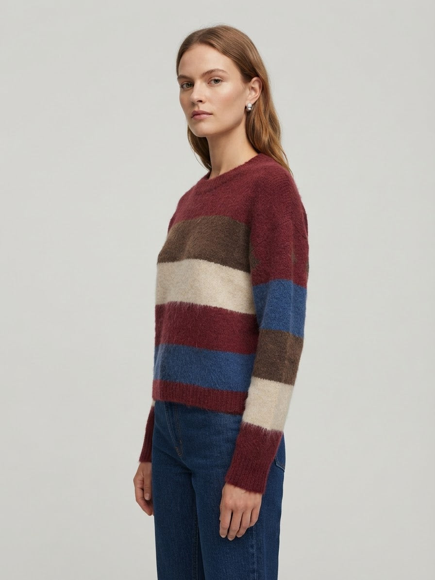 Maglione Girocollo Kira Fluffy a Righe Multicolore Bordeaux, Marrone, Panna e Blu