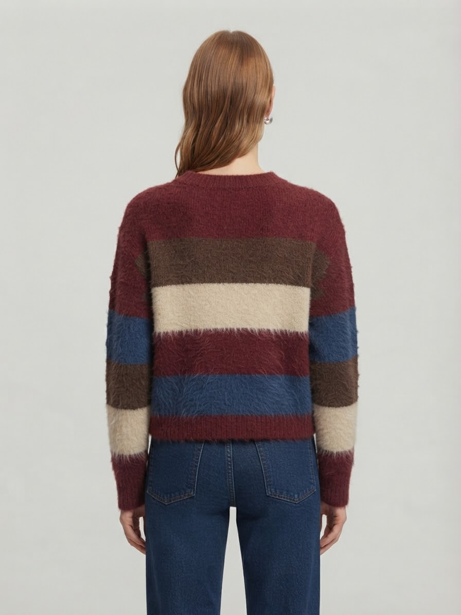Maglione Girocollo Kira Fluffy a Righe Multicolore Bordeaux, Marrone, Panna e Blu