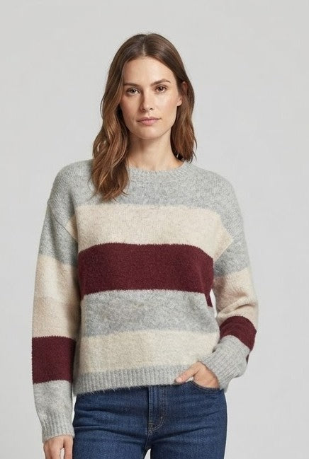 Maglione Girocollo Kira Fluffy a Righe Multicolore Grigio Melange, Panna e Bordeaux