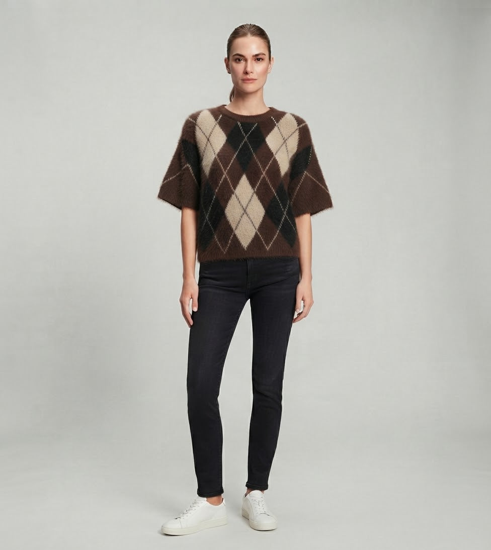 Maglione Only Noeme a Rombi a Manica Corta  Marrone, Beige e Nero