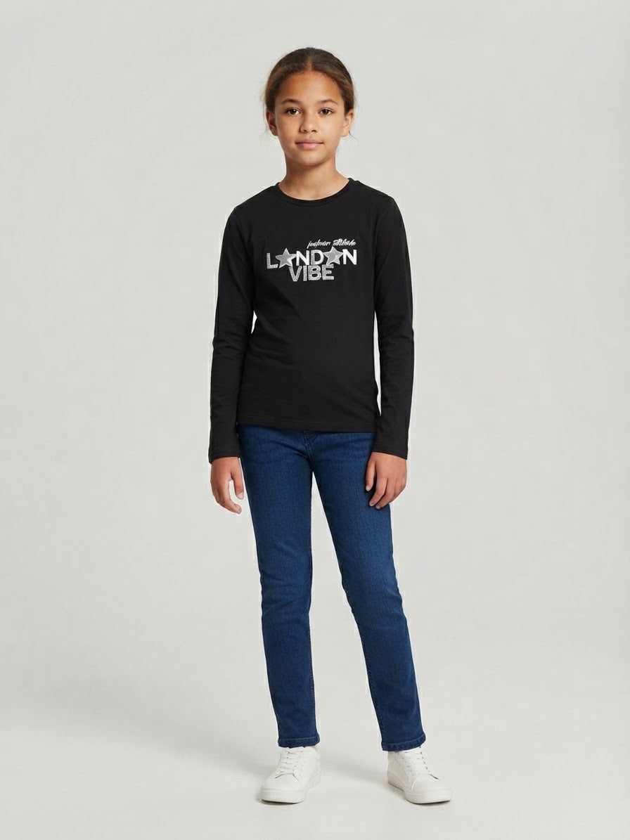T-Shirt manica Lunga Nera London Vibe Stelle
