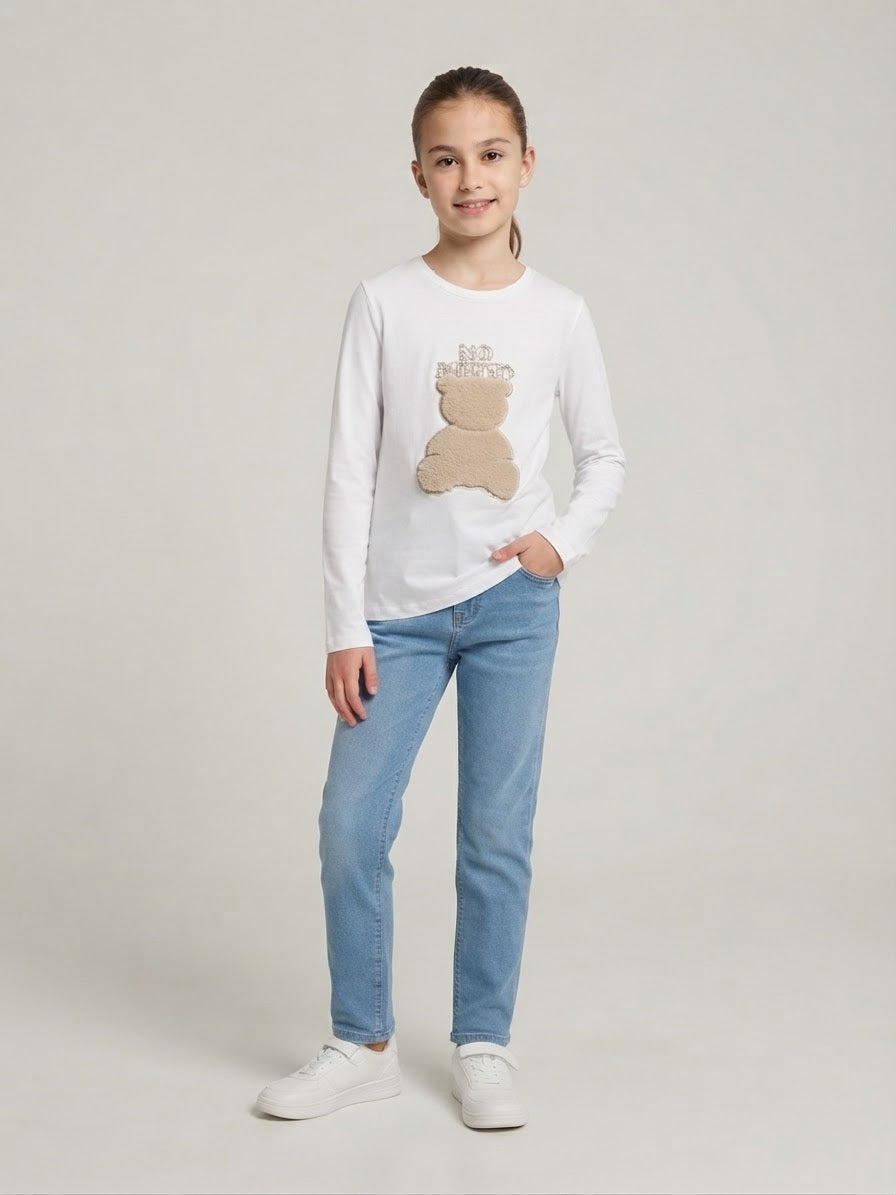 T-Shirt Teddy Panna Manica Lunga con Orsetto in Relievo