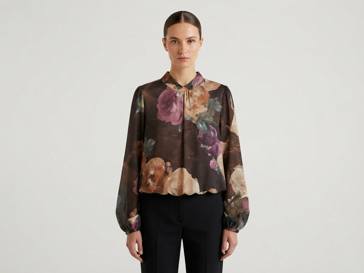 Blusa Evelyn Georgette Stampa Floreale Marrone