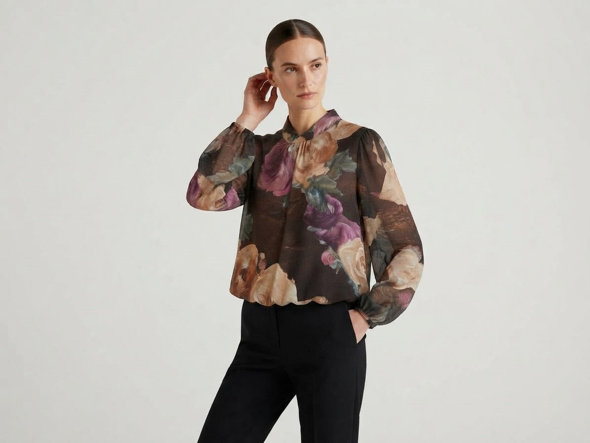 Blusa Evelyn Georgette Stampa Floreale Marrone
