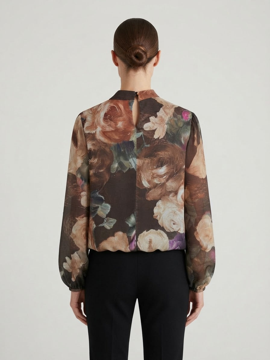 Blusa Evelyn Georgette Stampa Floreale Marrone