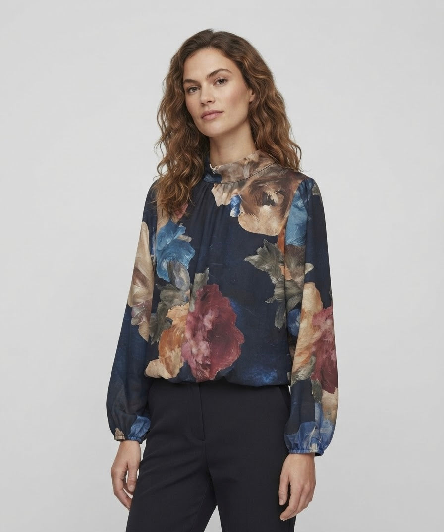 Blusa Evelyn Georgette Stampa Floreale Blu Notte