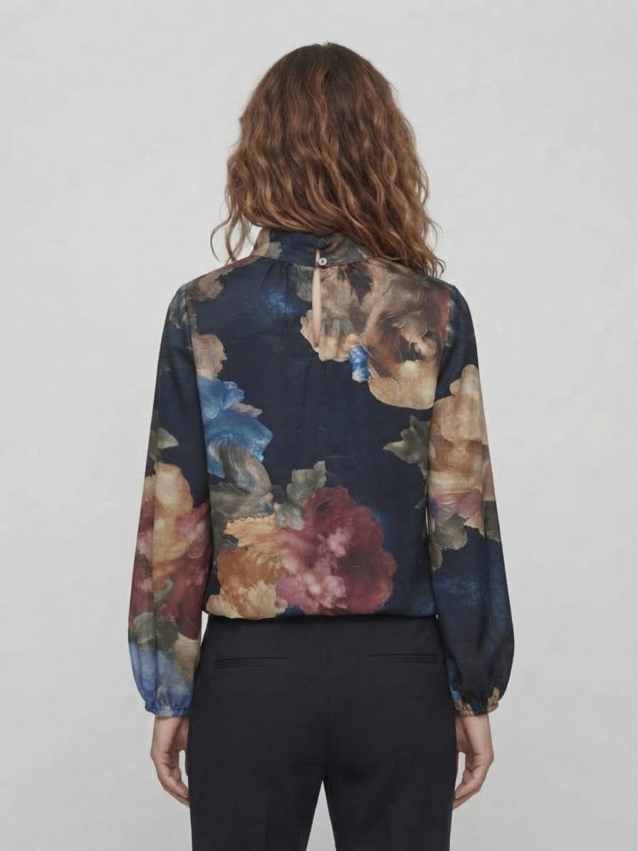 Blusa Evelyn Georgette Stampa Floreale Blu Notte